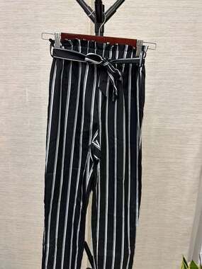 Shein Girls Black and White Striped Paperbag Waist Ankle Pants with Tie Belt